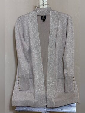 JM Collection Shimmering Champagne GoldOpen Front Cardigan - Button Wrist Detail